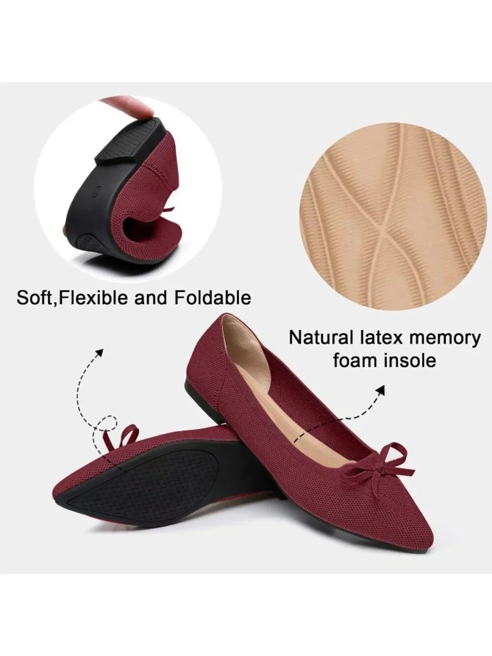 Women's Red Knit Ballet Flats Pointed Toe Bow Comfortable Dressy Shoes